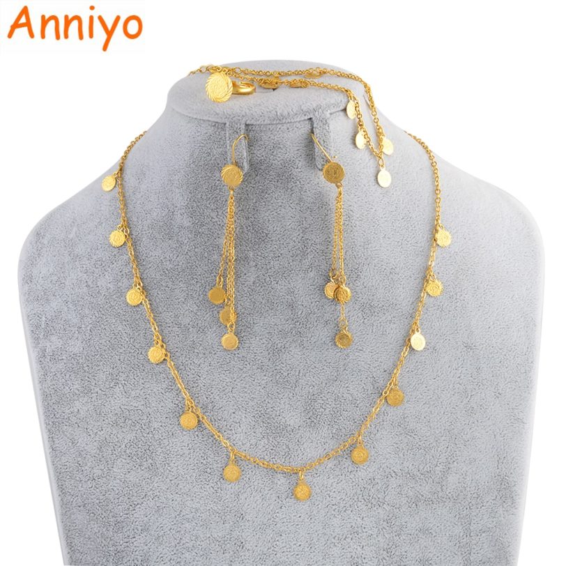 Anniyo Small Coin Jewelry Set for Girls,Necklace Earring Bracelet Ring Gold Color Arab Jeweler Metal Coins for Kids #049706