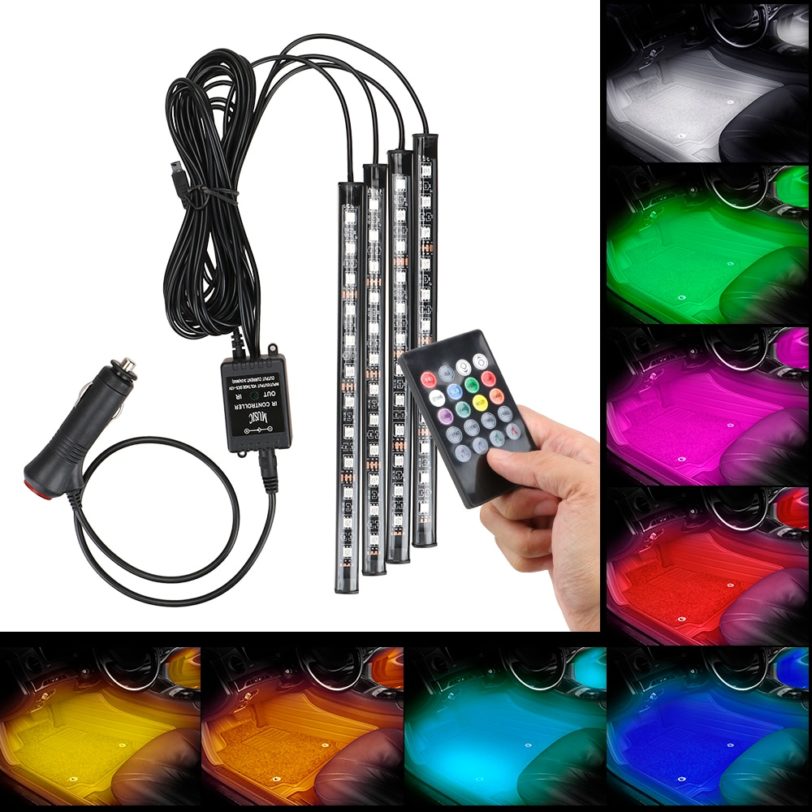 Auto LED RGB Atmosphere Strip Light 24/36/48 LED Wireless Remote Voice Control Foot Lamps Auto Decorative Atmosphere Lights