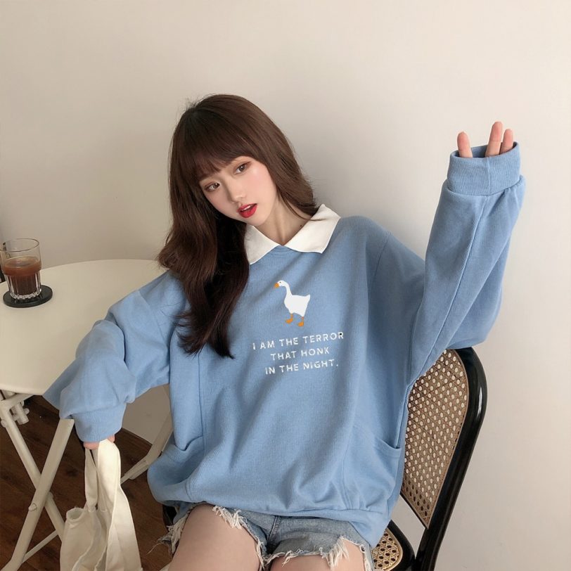 Autumn Thin Hoodies Cute Clothes Kawaii Harajuku Goose Oversized Sweatshirt with Collar Sweetshirt for Girls Loose Sweatshirt