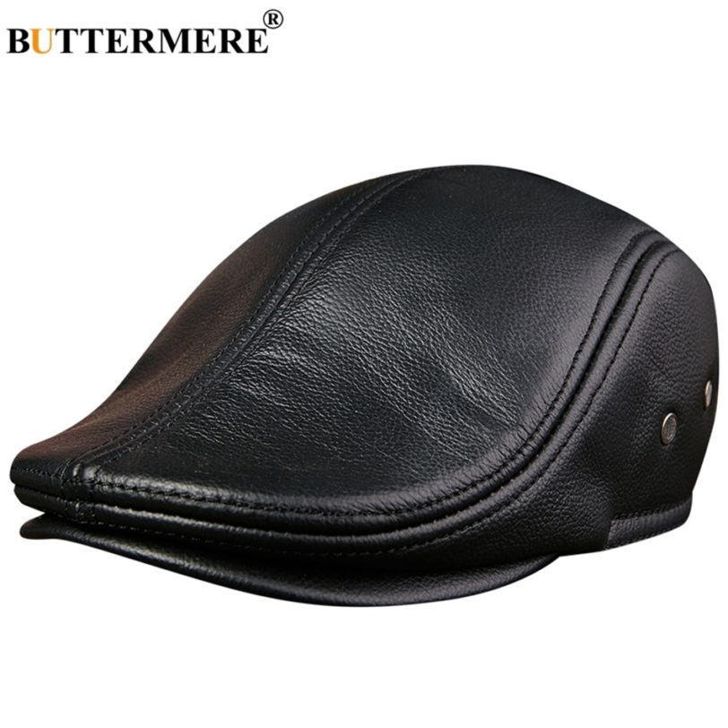 BUTTERMERE Flat Caps Men Real Leather Duckbill Hats Berets Earflaps Black Casual Directors Cap Male Vintage Winter Driving Caps