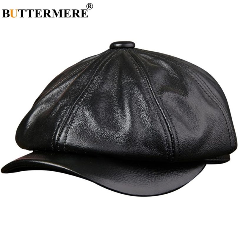 BUTTERMERE Genuine Leather Newsboy Cap Men Real Leather Winter Hat Black Brown Vintage Brand Octagonal Cap For Men Flat Cap