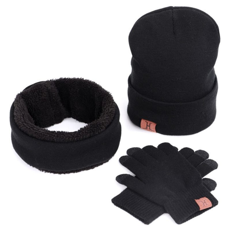 Brand 3 Pieces Winter Hat Set Unisex With Bib Suit and Gloves Thick Wool Knitted Bonnet Caps Men Wool Beanies Hats Women Velvet