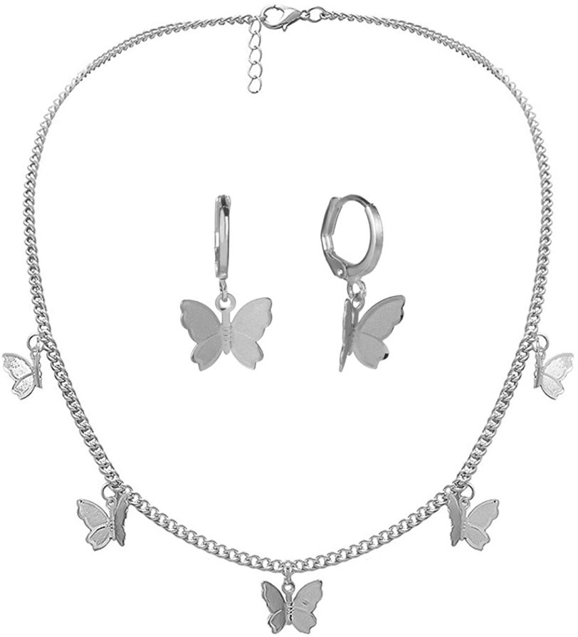 Butterfly Necklace Earrings Set Adjustable Butterfly Chain Necklace Charm Hoop Earrings Butterfly Jewelry for Women Girls