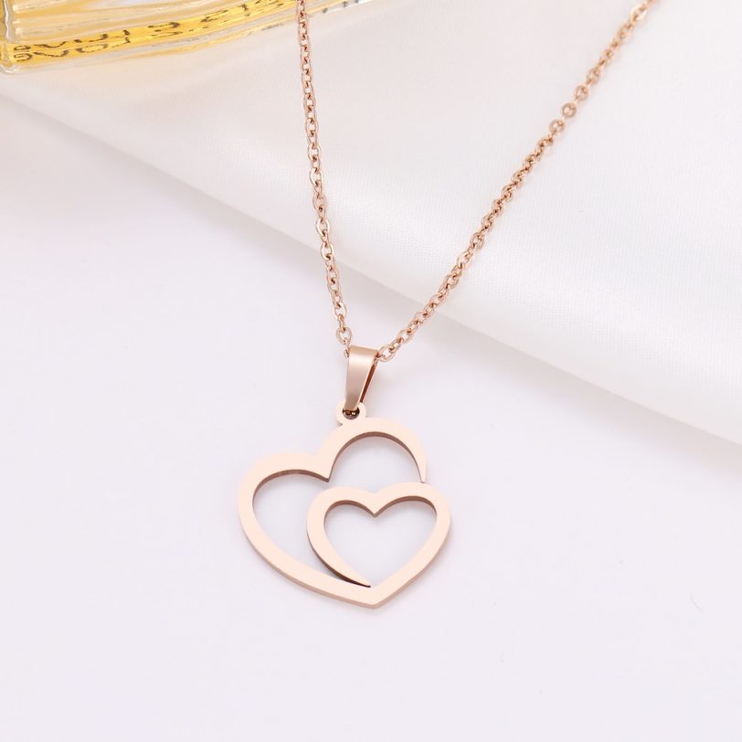 CACANA Stainless Steel Necklace For Women Man Hollow Double Heart Rose Gold Choker Pendant Necklace Engagement Jewelry