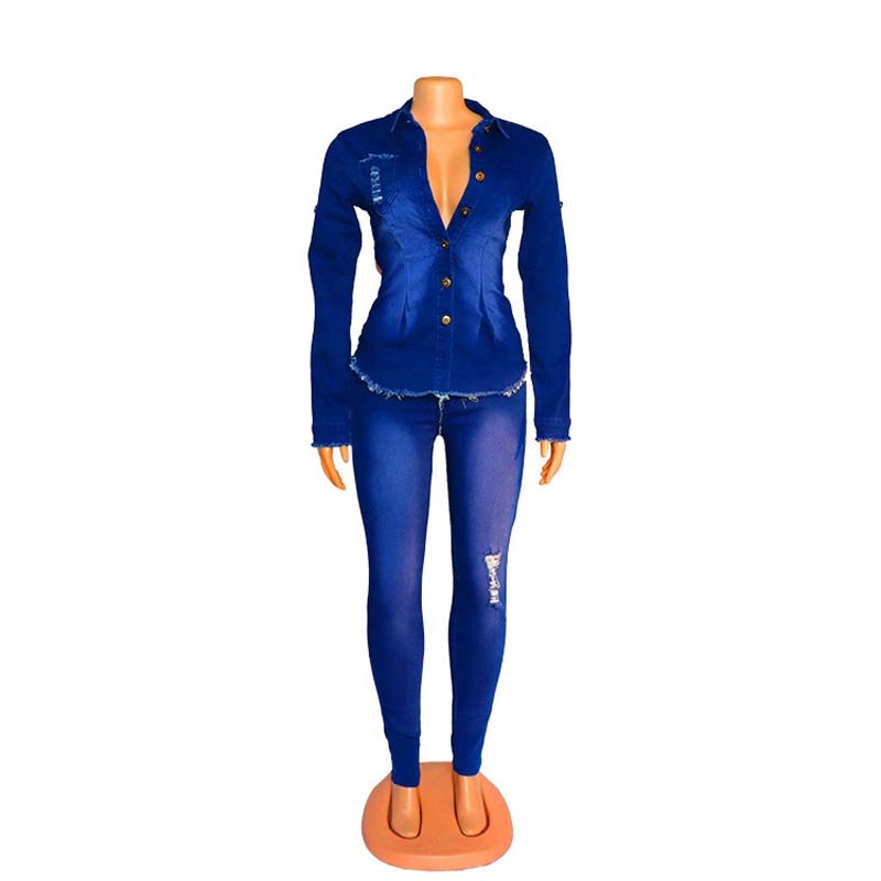 Casual Jeans Suit Women Denim Two Pieces Set Blue Long Sleeve Jeans Top Long Pants Slim 1