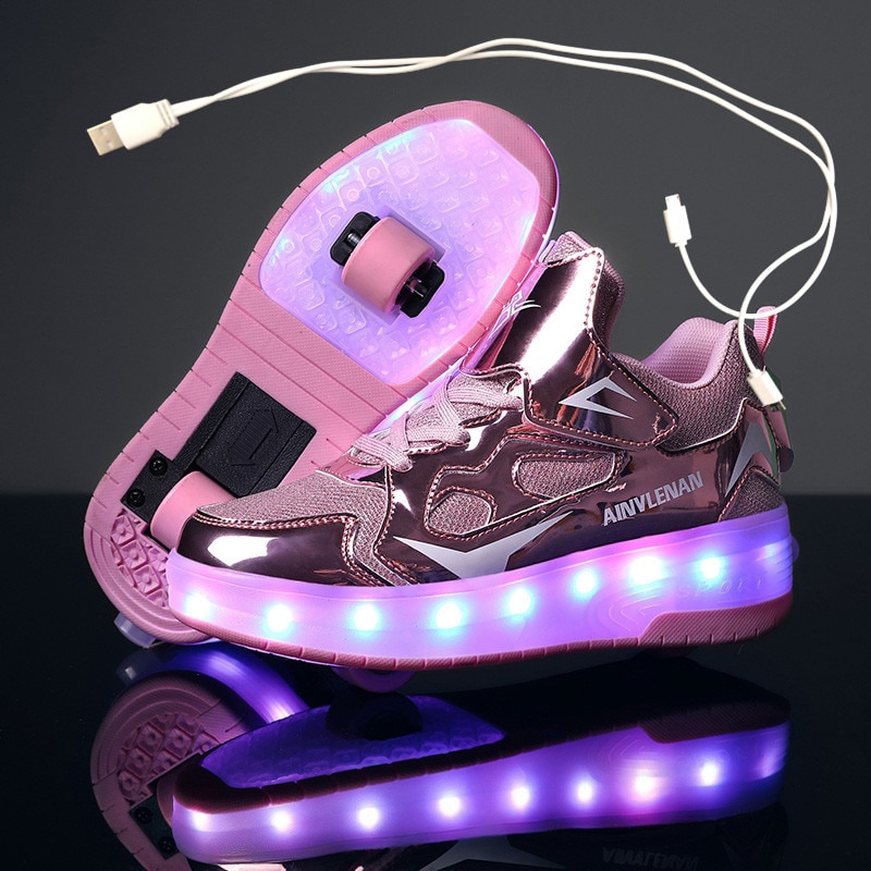 Children Boys Luminous Glowing Sneakers with Double Two Wheels Roller Skate Shoes Adult Kids USB Charging