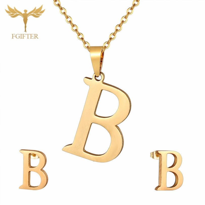 Classic Girls Children Jewelry 26 Letters B Pendant Necklace And Earrings Golden Stainless Steel Jewelry Set Kids Gifts