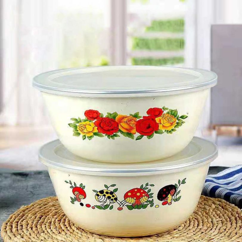 Clear Pattern Enamel Bowl with Lid Nostalgic Chinese Style Salad Bowls Dinner Soup Basin Wrapping Edge