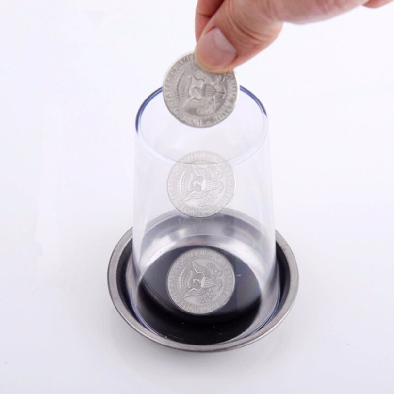 Coin Penetrates into the Cup Tricks The Good Stretch COINS Through the Glass Magical Steel Cup Mat Magic Trick Props