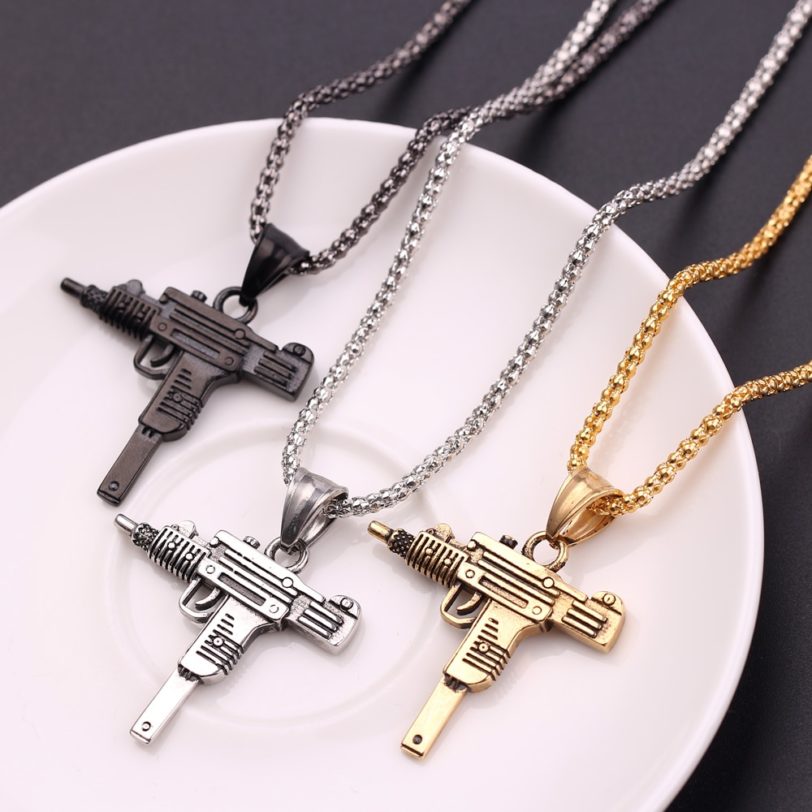 Cool Gothic Hip Hop UZI Kolye GUN Shape Pendant Necklace Gold Black Silver Color Army Style Male Chain Men Necklaces Jewelry