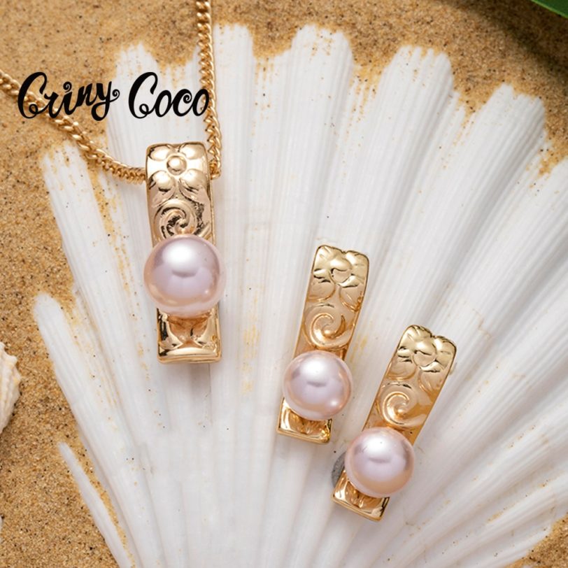 Cring Coco Hawaiian Jewelry Set New Design Polynesian 14k Gold Plated Brown Pearl Stud Earrings Necklace Sets for Women 2021