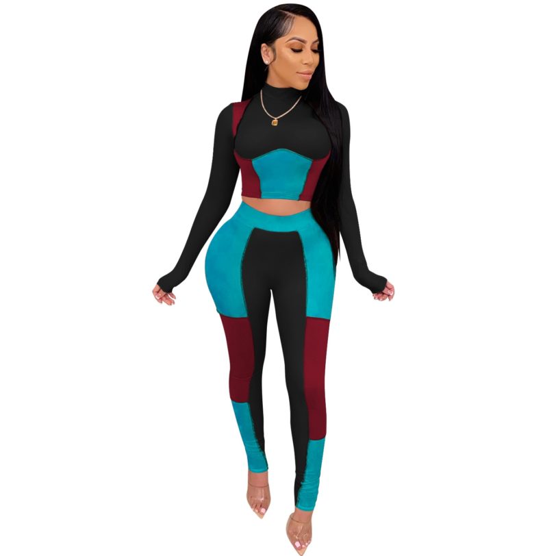 Cutubly Two Piece Set Color Slim Set Patchwork Outfits Set For Women Long Sleeve Sexy Tight Sexy Skinny Club Party Tracksuit - Image 2