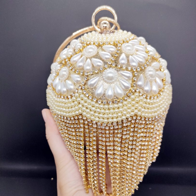 DG PEAFLOW Round Circular Gold Diamond Tassel Bridal Women Evening Party Crystal Clutch Bag Wedding Wristlets