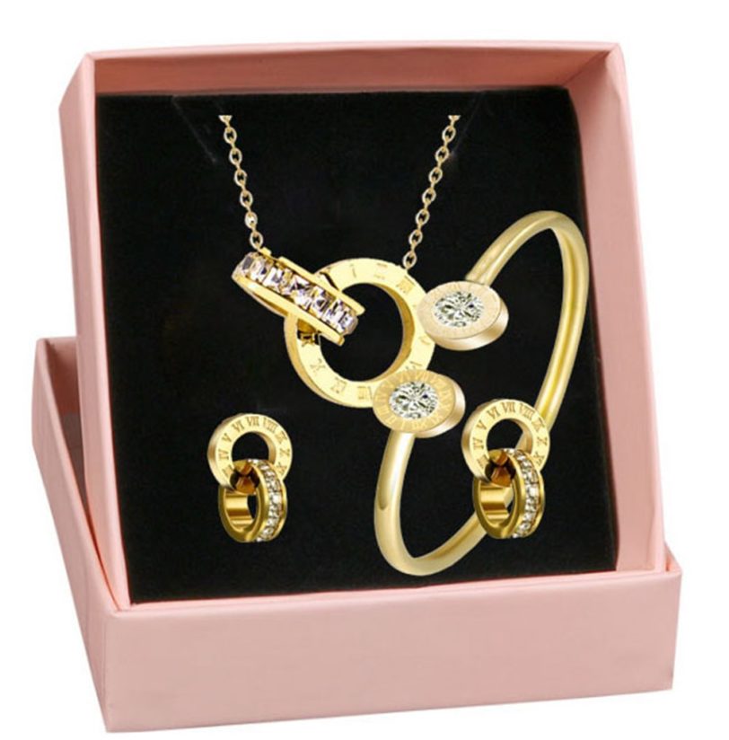 Double Circle Roman Numeral Necklace Earring Bracelet Set Women Square Crystal 316L Stainless Steel Wedding Jewelry Set Gift Box