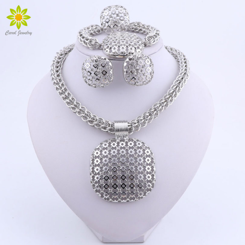 Dubai Silver Plated Jewelry Set Women Big Pendant Necklace Fashion Nigerian Wedding African Crystal Costume Bridal Jewelry Set