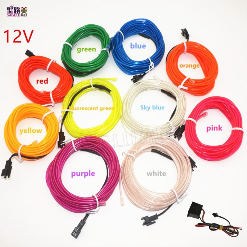 EL Wire 2.3mm round Neon car Lights Dance Party Car Decor Light Flexible EL Wire lamps Rope Tube LED Strip With DC12V Driver