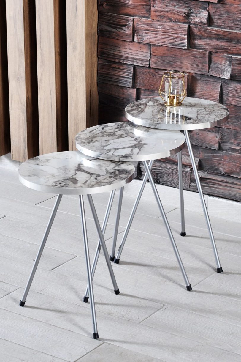 Elegant Triple Nesting Table Round Design Coffee Metal Gold Chrome Leg Decorative Stylish Sofa Living Room 2