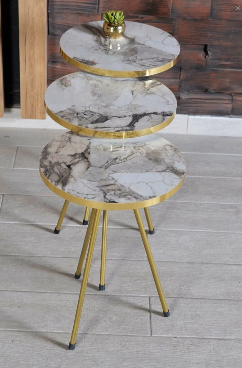 Elegant Triple Nesting Table Round Design Coffee Metal Gold Chrome Leg Decorative Stylish Sofa Living Room