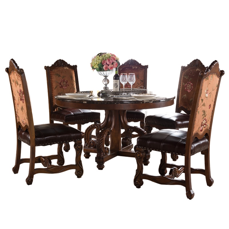 European full solid wood marble rotary table American villa living room dining table chair combination furniture