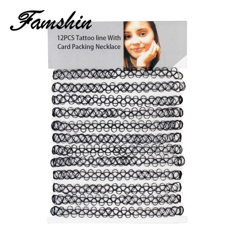 FAMSHIN 12PCS Hot Sell Vintage Hippy Stretch Tattoo Choker Necklace Elastic Chocker Necklace Fishing Line Tattoo Necklace