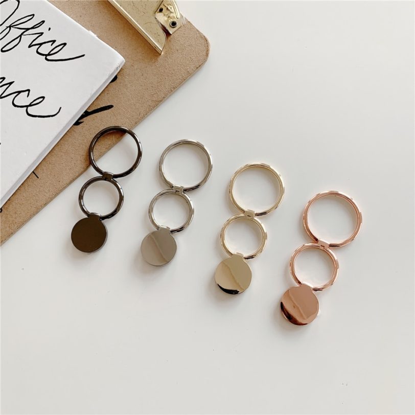 Fashion Luxury Universal Plating Gold Silver Black Metal Double Finger Ring Mobile Phone Talk Round Grip Stand Holder Women Gift