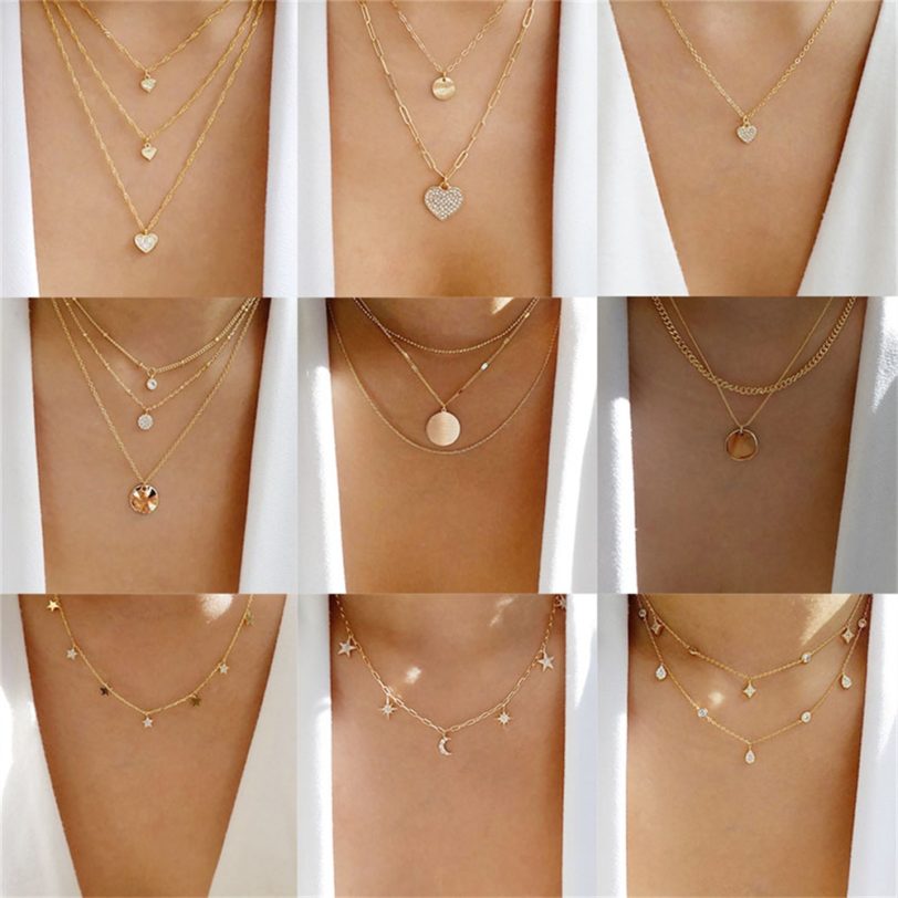 Fashion Multilevel Gold Full Crystal Heart-shaped Five-pointed Star Moon Drop Pendant Necklace For Women Female Vintage Jewelry