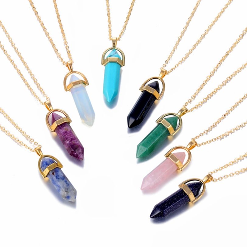 Fashion Opal Stone Hexagonal Column Quartz Necklaces for Women Natural Crystal Pendant Necklace Bohemian Statement Jewelry Gift