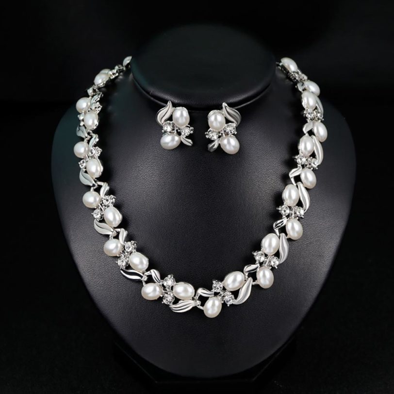 Fashion Rhinestone Faux Pearl Necklace Earrings Women Bride Wedding Jewelry Set New Chic