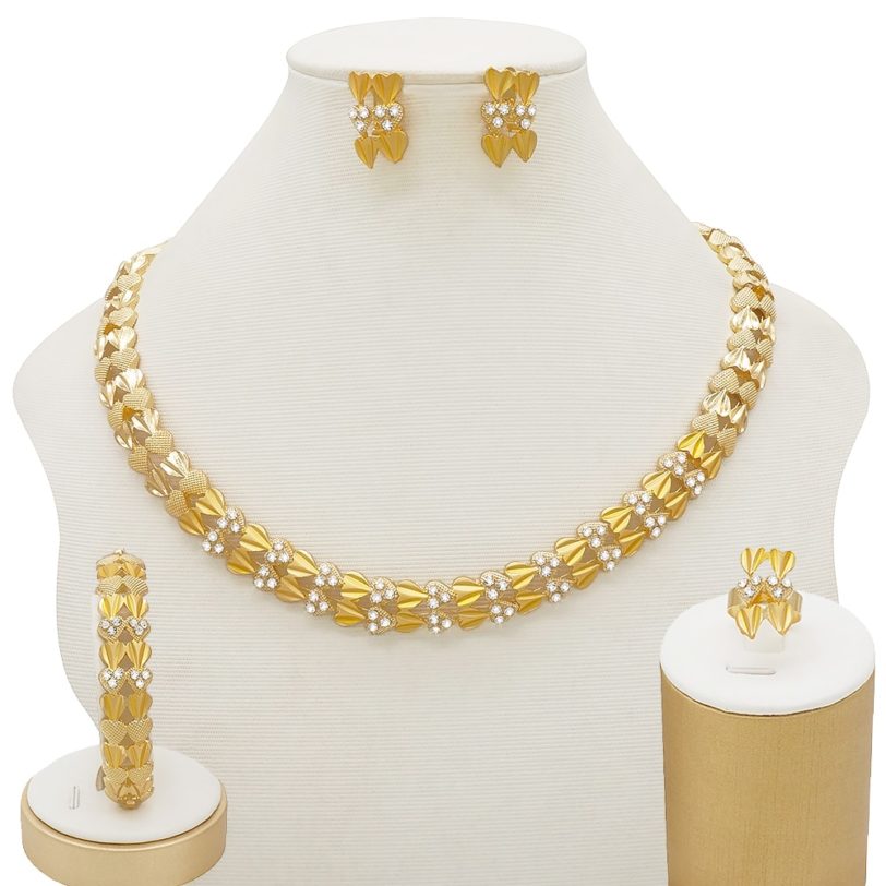 Fine Jewelry Bridal Dubai Gold Jewelery Set Crystal Necklace Bracelet Nigerian Wedding Party Women Fashion Jewellery Sets