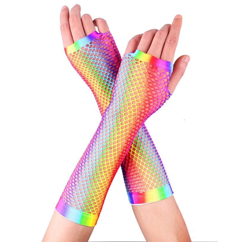 Fishnet Fingerless Long Gloves Arm Cuff Warmer Party Fancy Dress Womens Sexy Rainbow Mesh Fishnet Mermaid Cosplay Accessories