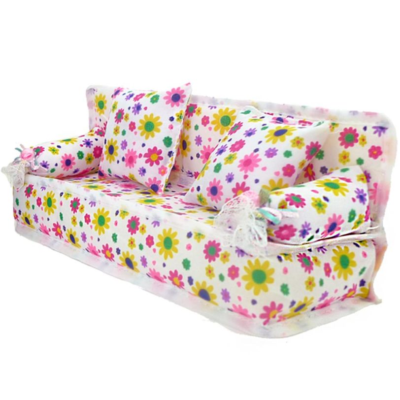 Flower Cloth Sofa Couch 2 Cushions Cute Dollhouse Furniture Chair Living Room Doll Accessories for Barbie Doll House Girl Toy