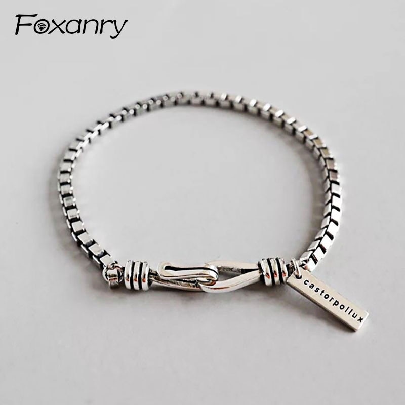 Foxanry 925 Sterling Silver Vintage Bracelet Terndy Simple Box Chain Bracelet Wedding Jewelry for Women Size