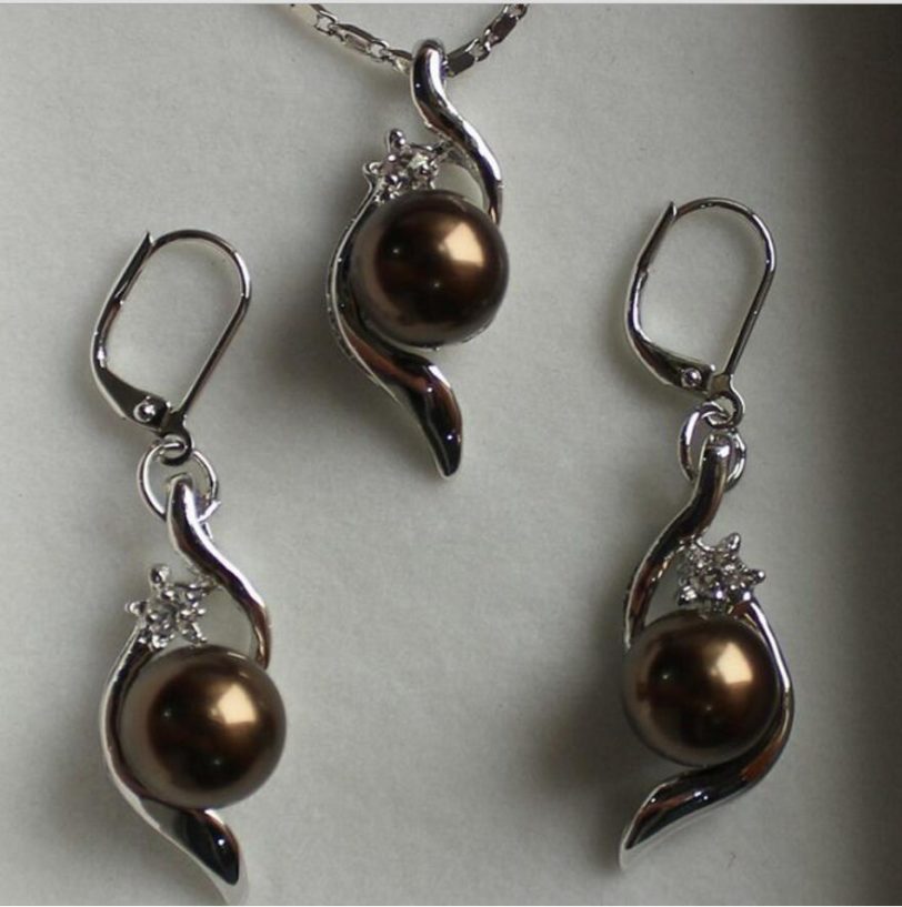 Free Shipping wholesale lady's nice10mm brown shell pearl pendant & earring jewelry set