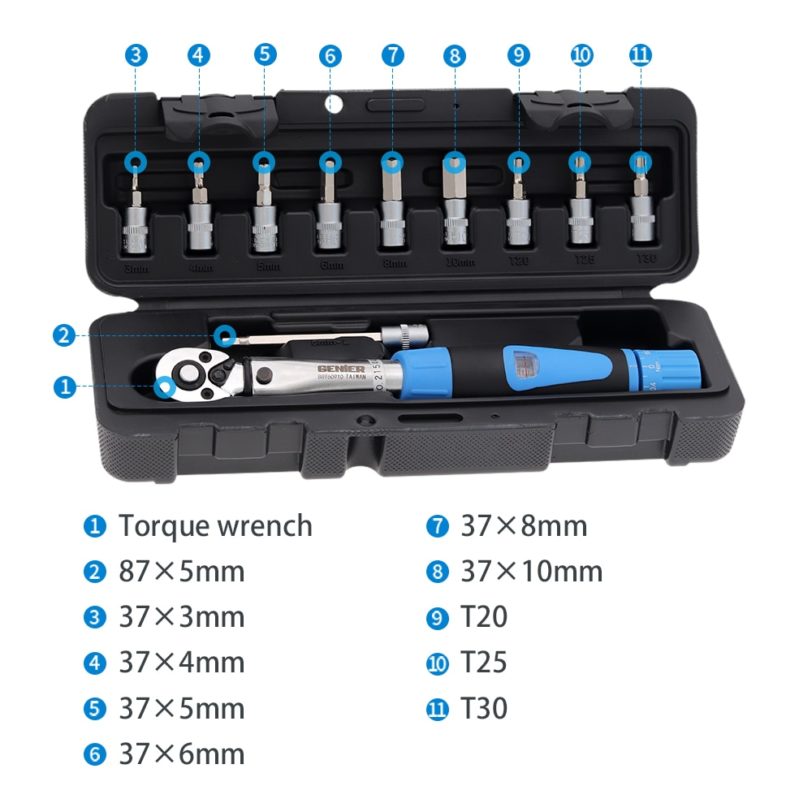 GENIER Bicycle Preset Torque Wrench Set 1/4" 2-24Nm Bike Torque Wrench Allen Key Tool Cycling Repair Tool Socket Spanner Set Kit