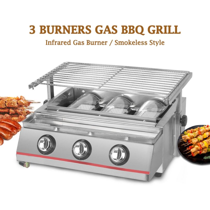 Gas BBQ Grill 3 Burners LPG Barbecue Stove Adjustable Height Shield/Glass Shield Smokeless Outdoor Picnic barbacoa