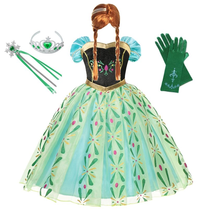 Girl Princess Costumes Floral Short Sleeve Anna Ball Gown Kids Carnival Party Fancy Dress With Crown Handwear Wig Accessories