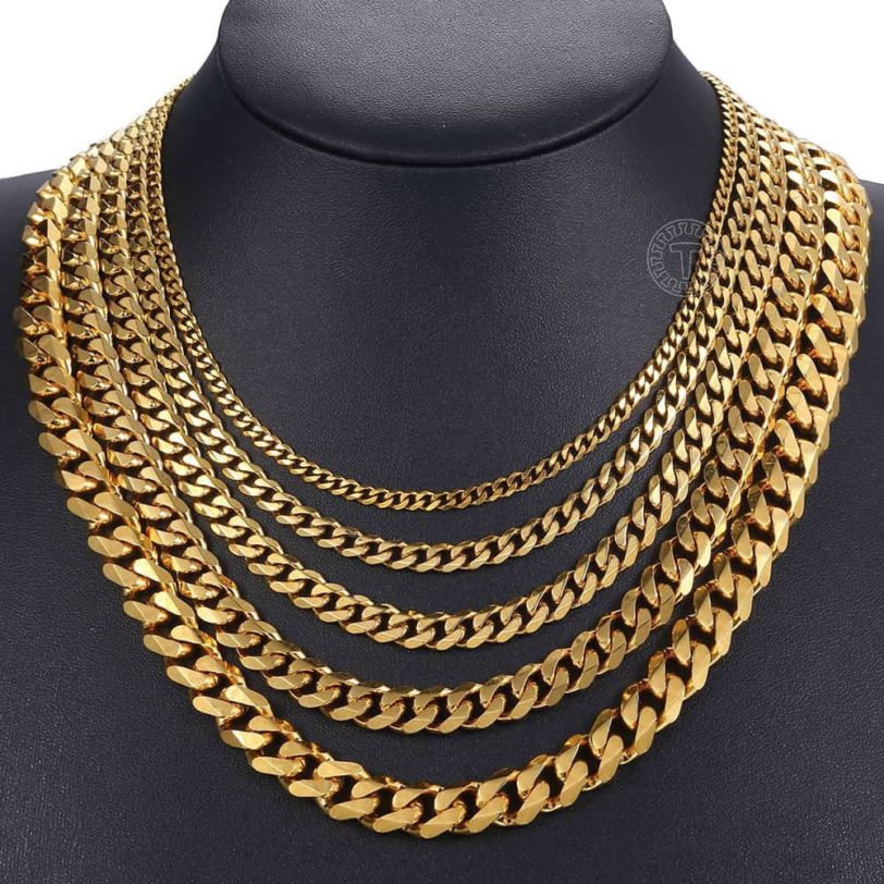 Gold Tone Stainless Steel Curb Chain Necklace for Men Women 3 TO 11 MM Neck Chain Choker Vintage Jewelry