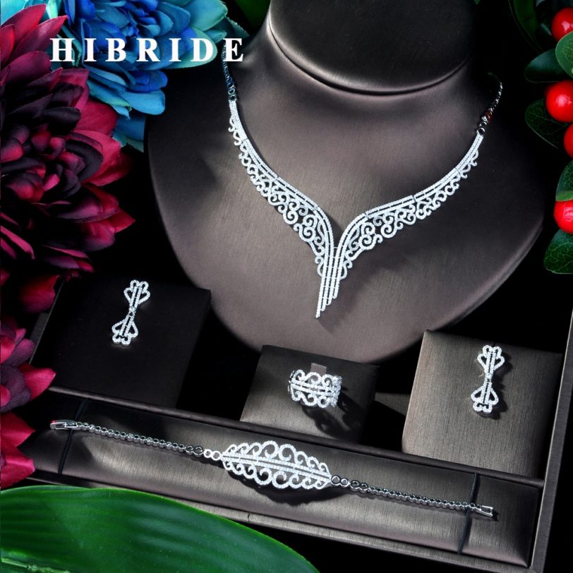 HIBRIDE Super Luxury Leaf Leaves Full Micro Cubic Zirconia Women Wedding Dress Choker Necklace Earring Jewelry Sets 2019 N-39