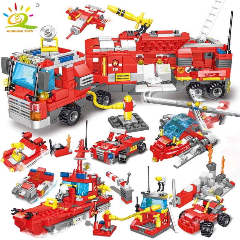 HUIQIBAO 678pcs 8in1 City Fire Truck Model Building Blocks Firefighting Set Fireman Figures Bricks Construction Toy for Children