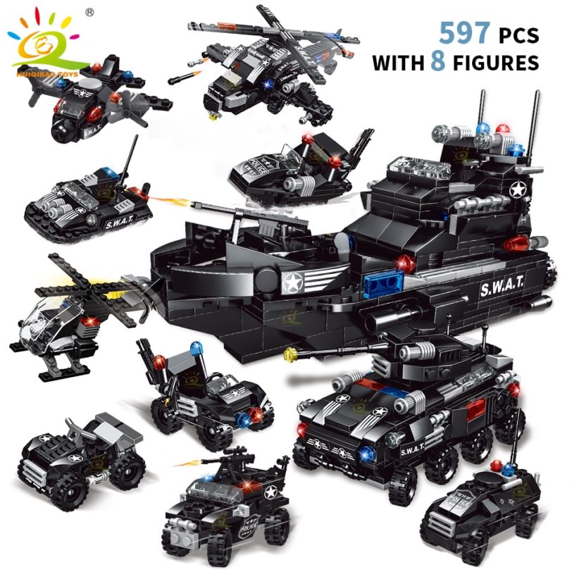 HUIQIBAO SWAT Police Missile Boat 597pcs 8in1 Building Blocks Set City Truck Brick with Policeman Construction Toys for Children