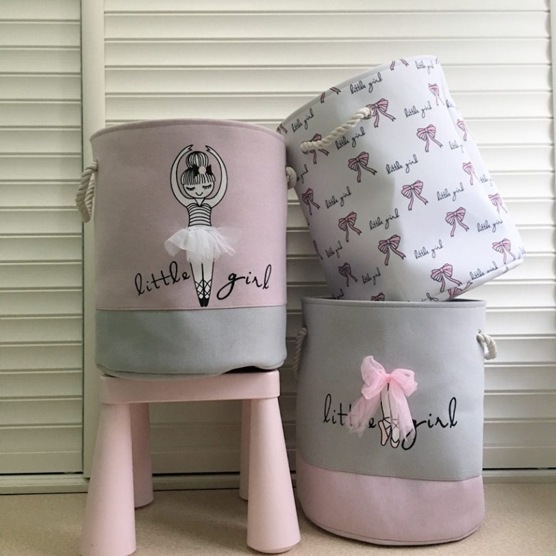 Handbag Baby Toy Storage Basket Dirty Clothes Pink Laundry Buckets Shoes Ballet Girl Bow Print Organizer Household Storage Bags