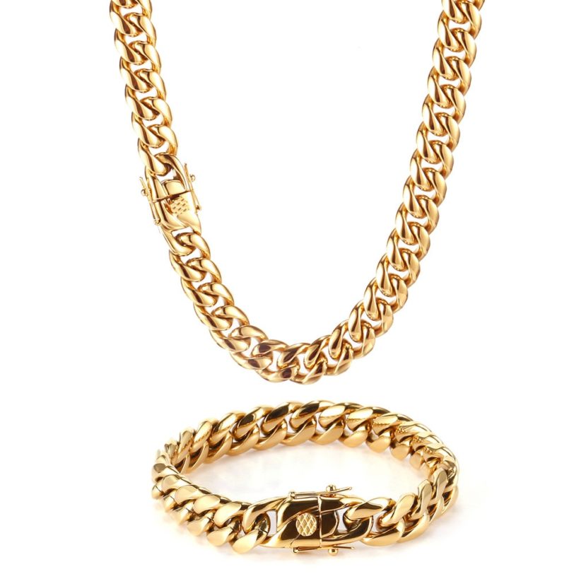 Hip-Hop Golden Curb Cuban Link Chain Stainless Steel Necklace for Men and Women Gold Silver Color Bracelet Fashion Jewelry