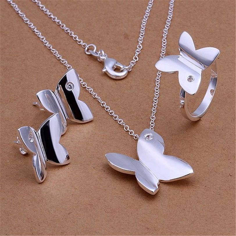 Hot charm 925 sterling Silver Jewelry sets crystal butterfly pendant necklace earrings rings for women Fashion Party good Gifts