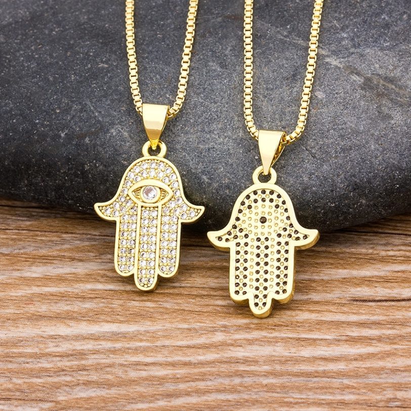 Hpt Sale Women Men Hamsa Hand Necklace Gold Color Copper Zircon Evil Eye Pendant & Chain Hip Hop Turkish Luck Jewelry