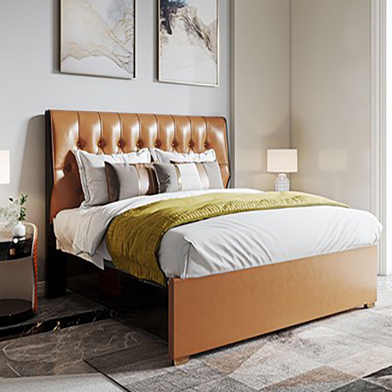 Italian style light luxury leather bed master bedroom modern American style orange bedroom wedding bed double 1