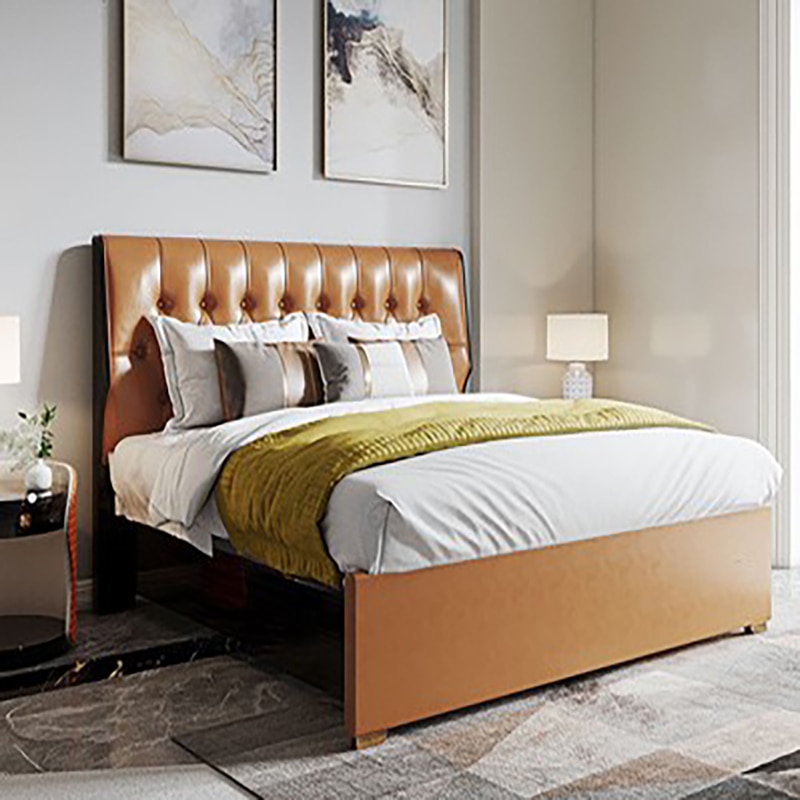 Italian style light luxury leather bed master bedroom modern American style orange bedroom wedding bed double
