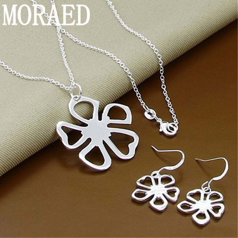 Jewelry Set 925 Sterling Silver Elegant Charm Flower Pendant Necklace Earrings For Women Fashion Gift