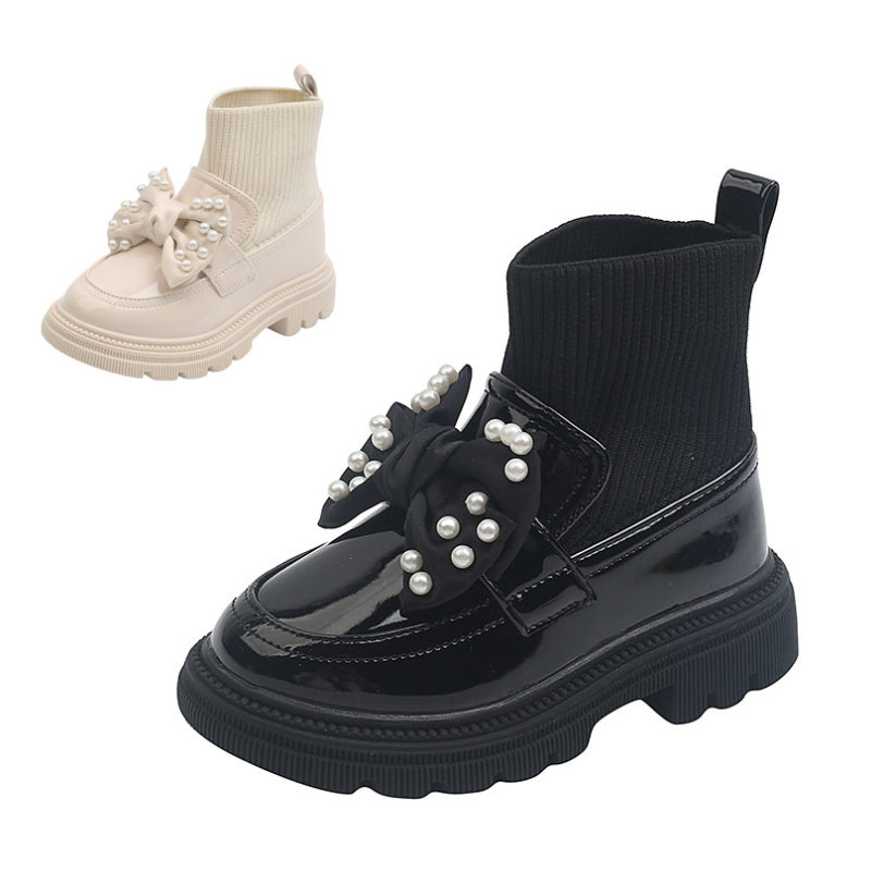Kids Slip on Shoes Girl Knit Ankle Patent Leather Boots Pearl Bowknot 2021 Child School Uniform 5