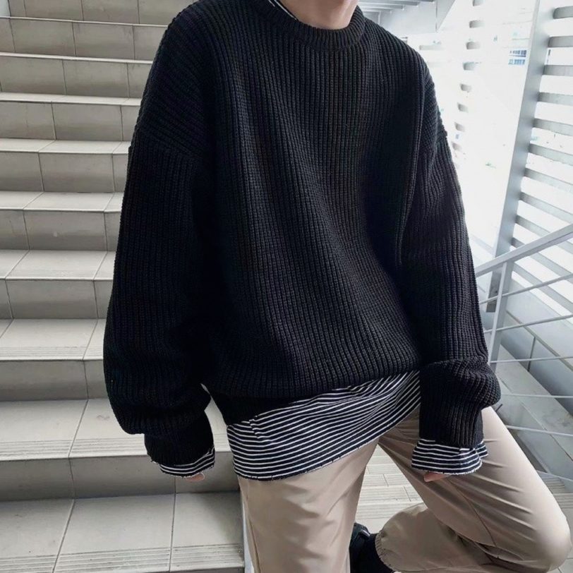 Korean Sweater Men Crewneck Sweater Knitted Pullover Casual Street Fashion Solid Color Mens Jumper Autumn Tops