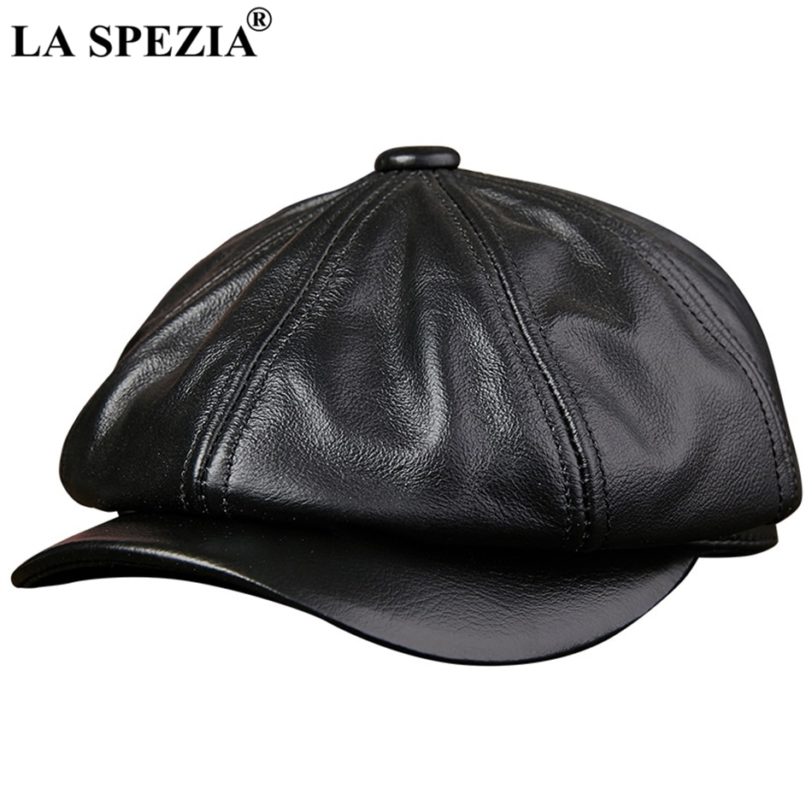 LA SPEZIA Black Newsboy Hats For Men Genuine Cowskin Leather Octagonal Cap Male Autumn Winter Fitted Vintage Duckbill Hats Beret